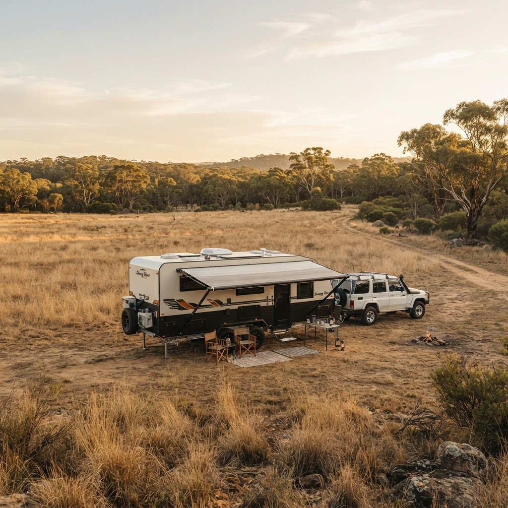 A caravan parked on a rural Australian property at golden hour